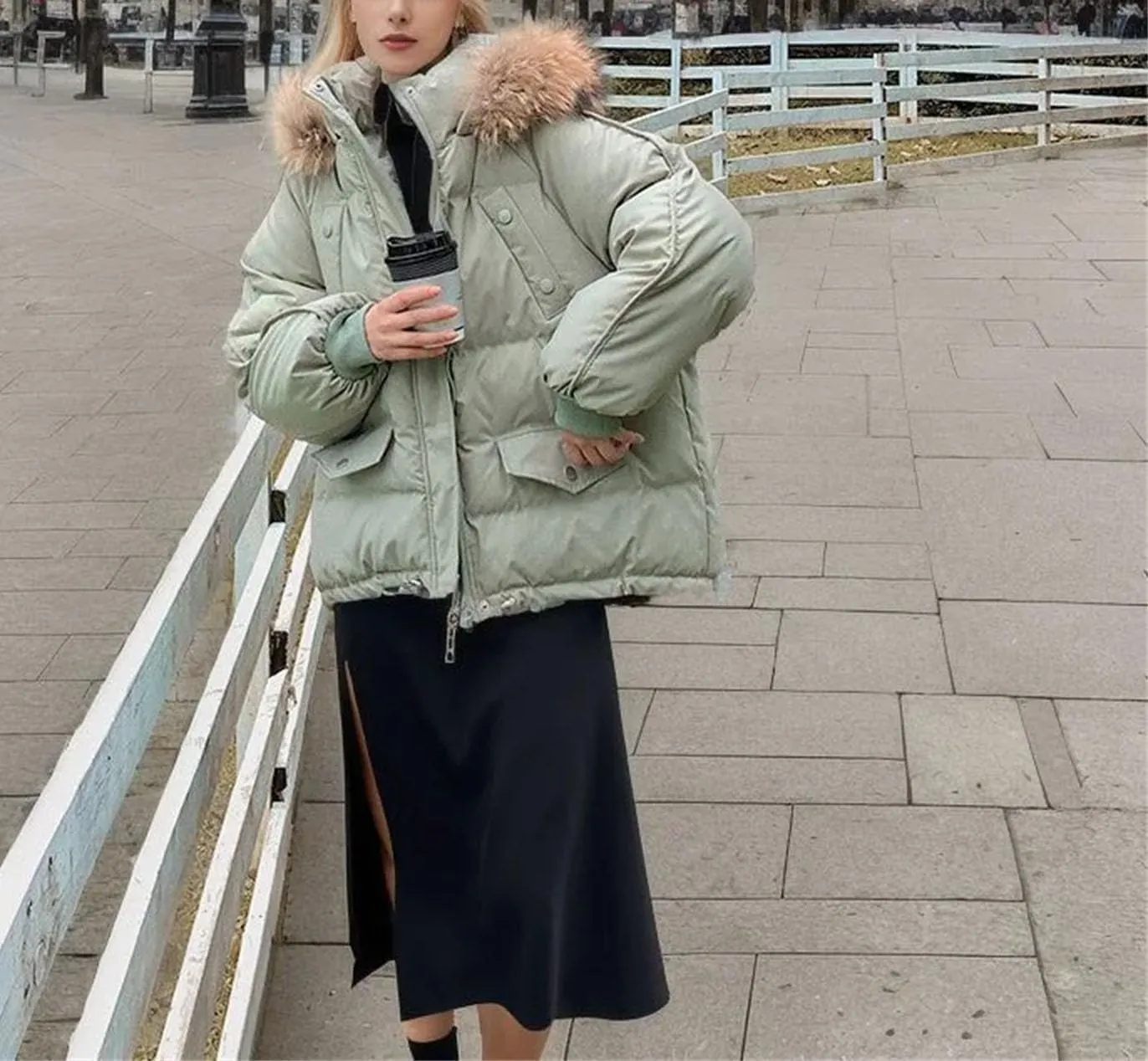 Women's Drawstring Hem Pocket Parka Coat Loose Vintage Plush Hooded Cotton-Padded Jacket