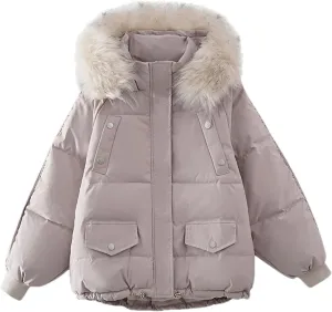 Women's Drawstring Hem Pocket Parka Coat Loose Vintage Plush Hooded Cotton-Padded Jacket