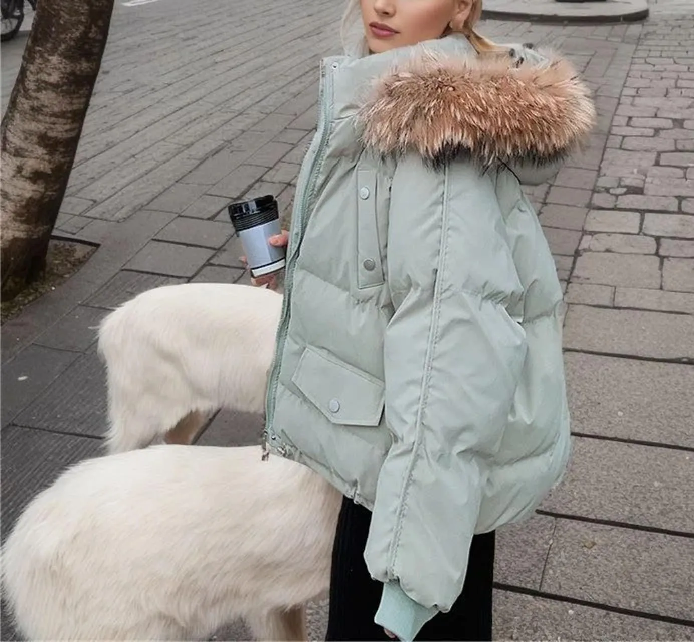 Women's Drawstring Hem Pocket Parka Coat Loose Vintage Plush Hooded Cotton-Padded Jacket