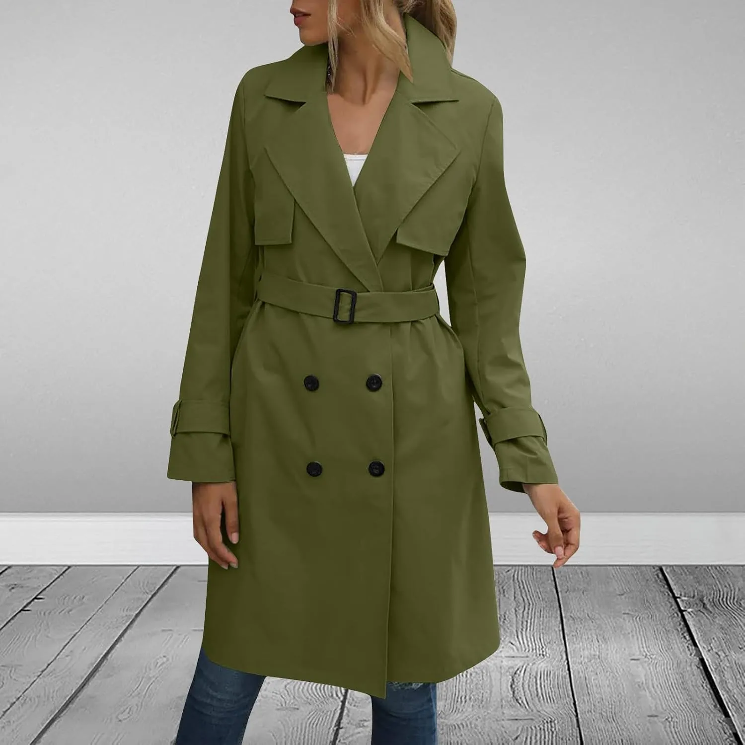 Women's Fashion Autumn Winter Solid Color Double Breasted Trench Coat Trendy Coats