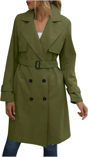 Women's Fashion Autumn Winter Solid Color Double Breasted Trench Coat Trendy Coats