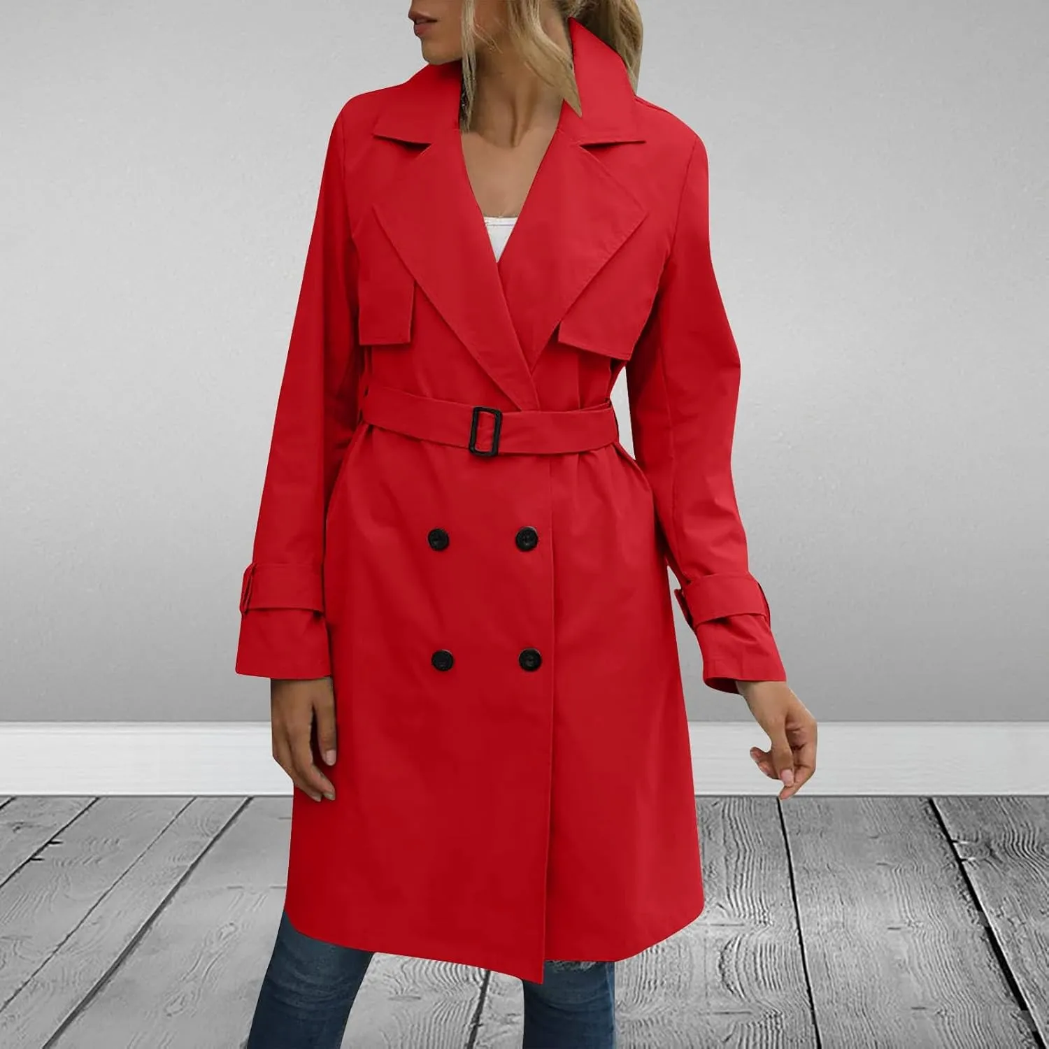 Women's Fashion Autumn Winter Solid Color Double Breasted Trench Coat Trendy Coats