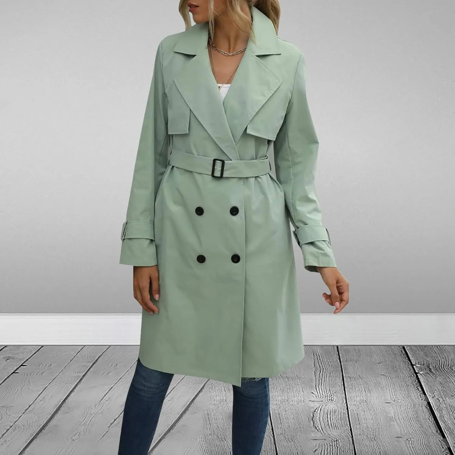 Women's Fashion Autumn Winter Solid Color Double Breasted Trench Coat Trendy Coats
