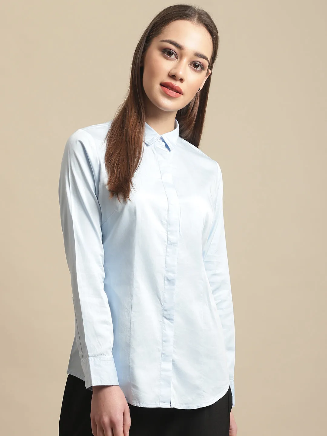 Women's Formal Slim Fit Sky Blue Regular Full Sleeve  Shirt