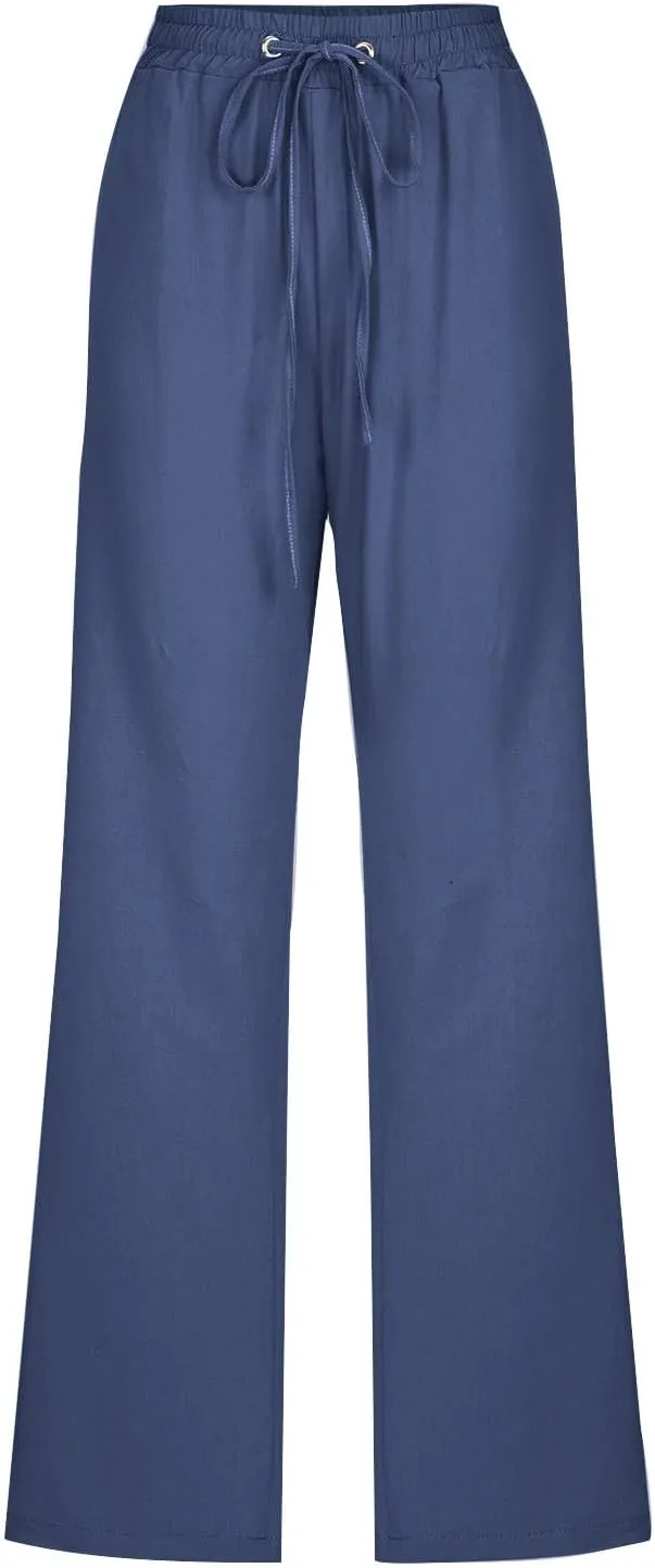Women's Linen Pant Drawstrings Straight Leg High Waist Trousers Summer Casual Lightweight Breathable Long Pants