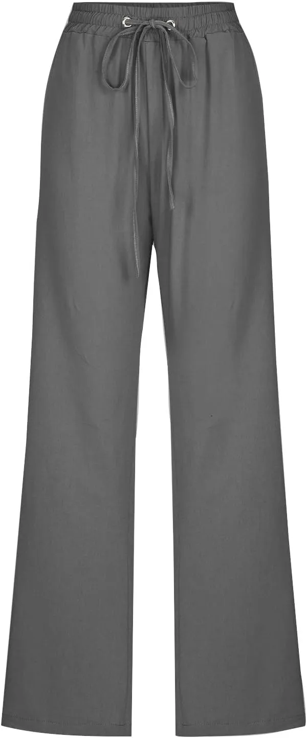 Women's Linen Pant Drawstrings Straight Leg High Waist Trousers Summer Casual Lightweight Breathable Long Pants