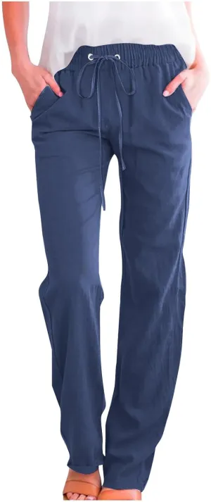 Women's Linen Pant Drawstrings Straight Leg High Waist Trousers Summer Casual Lightweight Breathable Long Pants