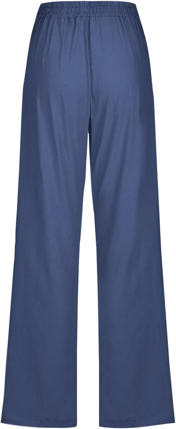 Women's Linen Pant Drawstrings Straight Leg High Waist Trousers Summer Casual Lightweight Breathable Long Pants
