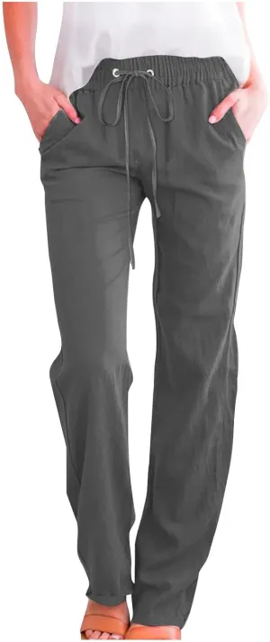 Women's Linen Pant Drawstrings Straight Leg High Waist Trousers Summer Casual Lightweight Breathable Long Pants