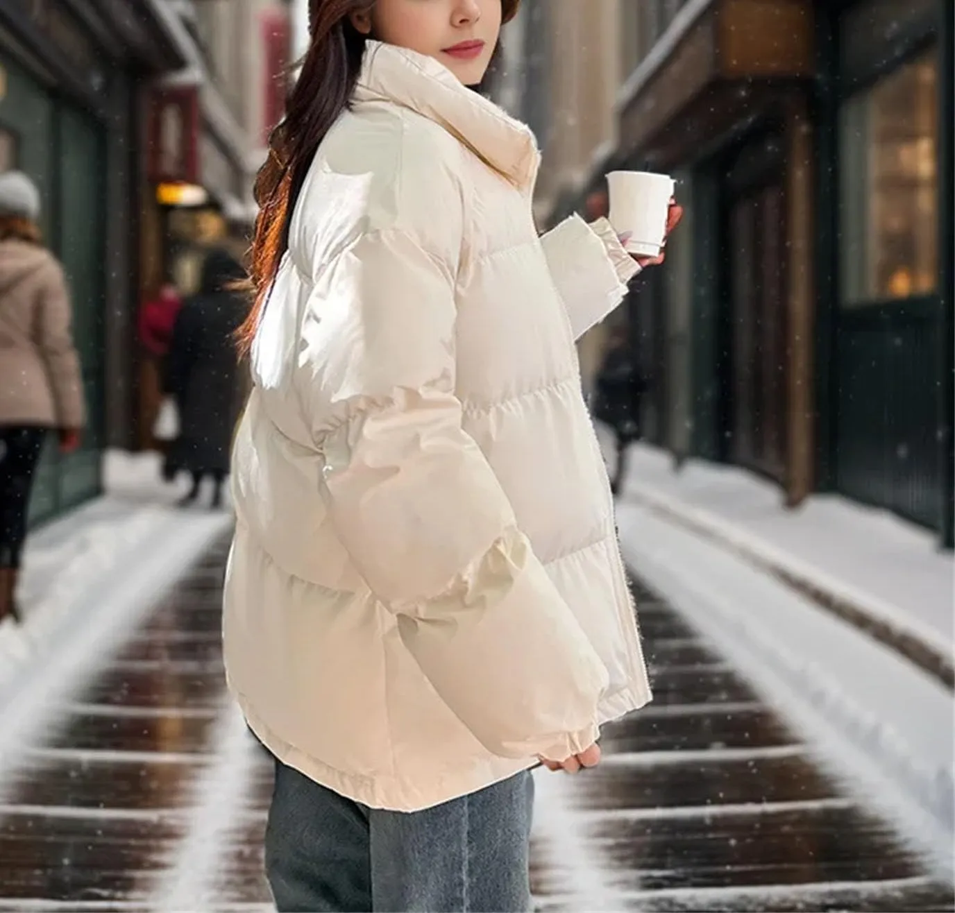 Women's Long Sleeve Zipper Parka Coat Vintage Solid Loose Stand Collar Cotton-Padded Jacket
