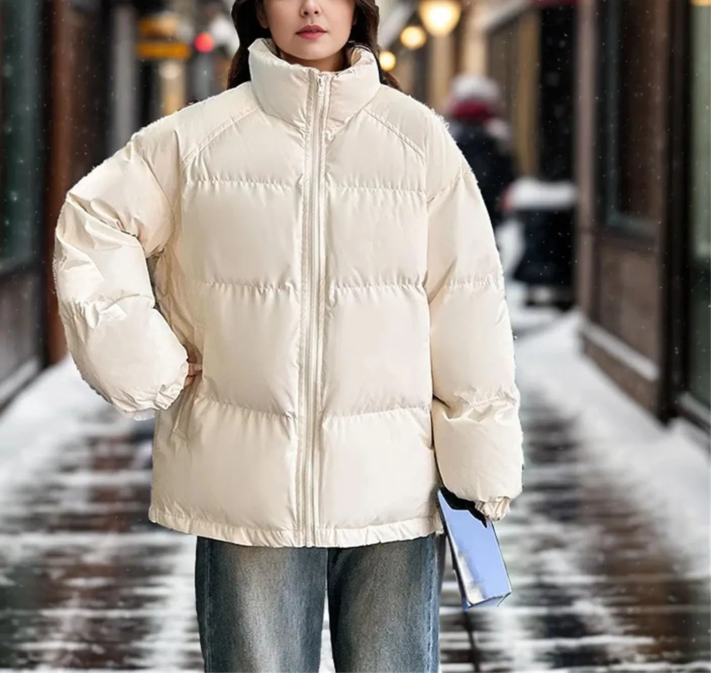 Women's Long Sleeve Zipper Parka Coat Vintage Solid Loose Stand Collar Cotton-Padded Jacket