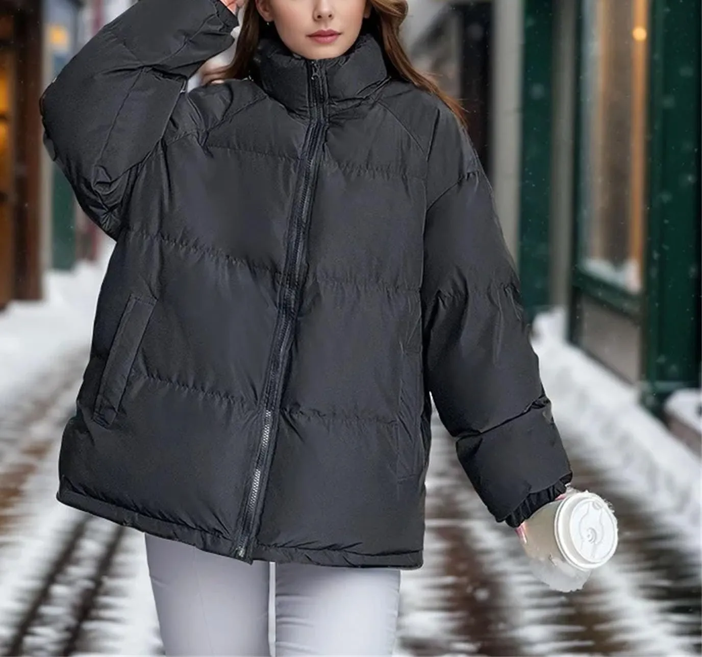 Women's Long Sleeve Zipper Parka Coat Vintage Solid Loose Stand Collar Cotton-Padded Jacket
