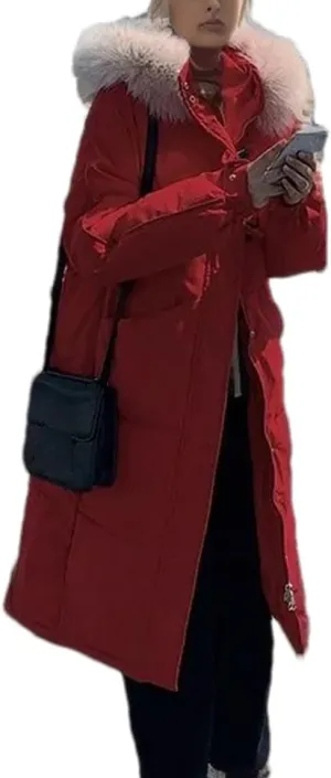 Women's Long Warm Zipper Parkas Coats Knee Length Plush Hooded Button Cotton-Padded Jacket