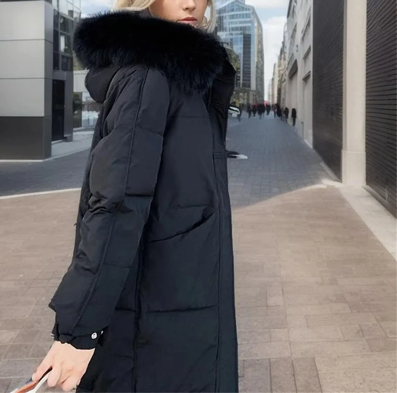 Women's Long Warm Zipper Parkas Coats Knee Length Plush Hooded Button Cotton-Padded Jacket