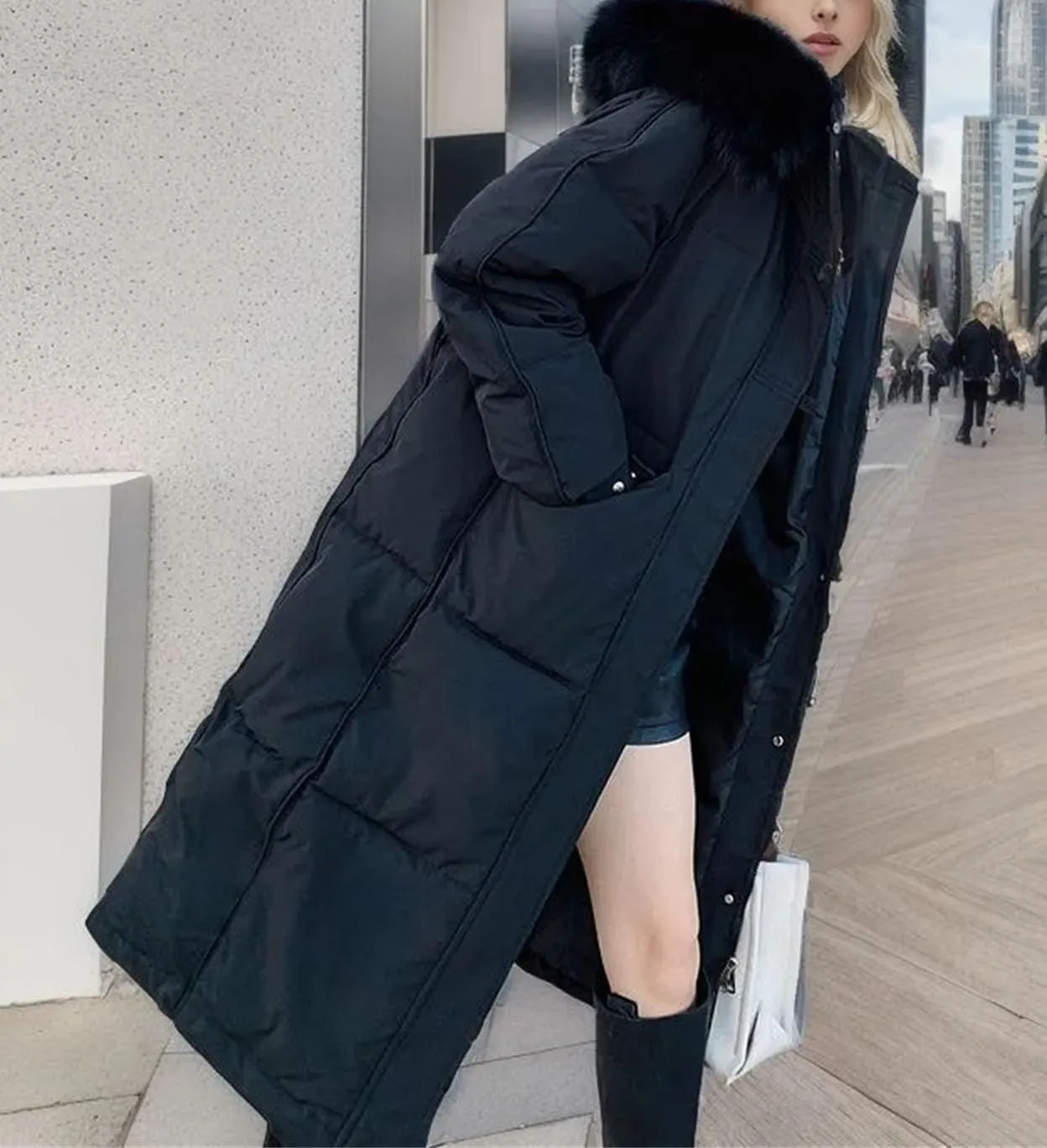Women's Long Warm Zipper Parkas Coats Knee Length Plush Hooded Button Cotton-Padded Jacket