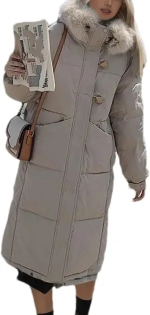 Women's Long Warm Zipper Parkas Coats Knee Length Plush Hooded Button Cotton-Padded Jacket