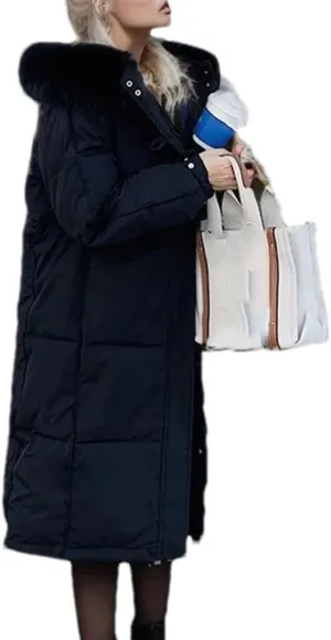 Women's Long Warm Zipper Parkas Coats Knee Length Plush Hooded Button Cotton-Padded Jacket