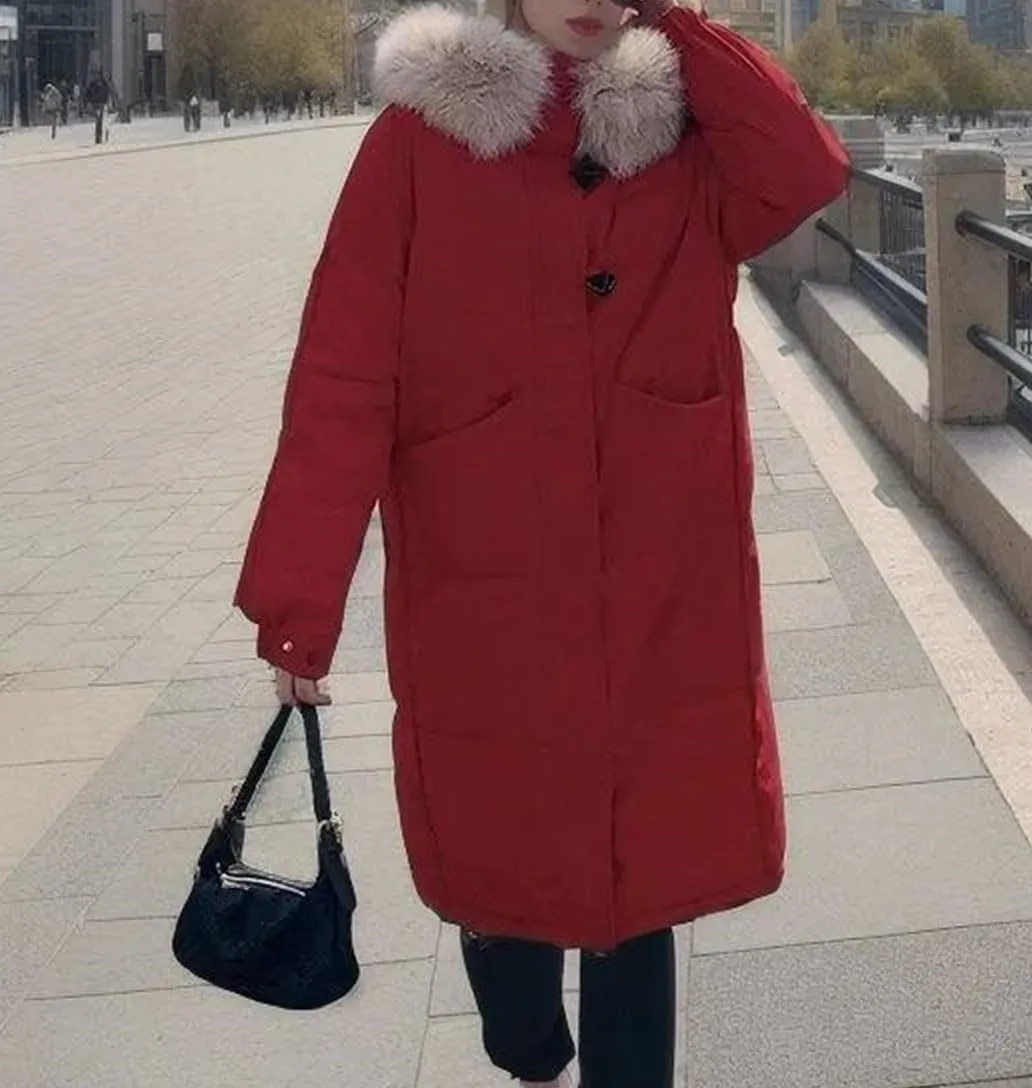 Women's Long Warm Zipper Parkas Coats Knee Length Plush Hooded Button Cotton-Padded Jacket