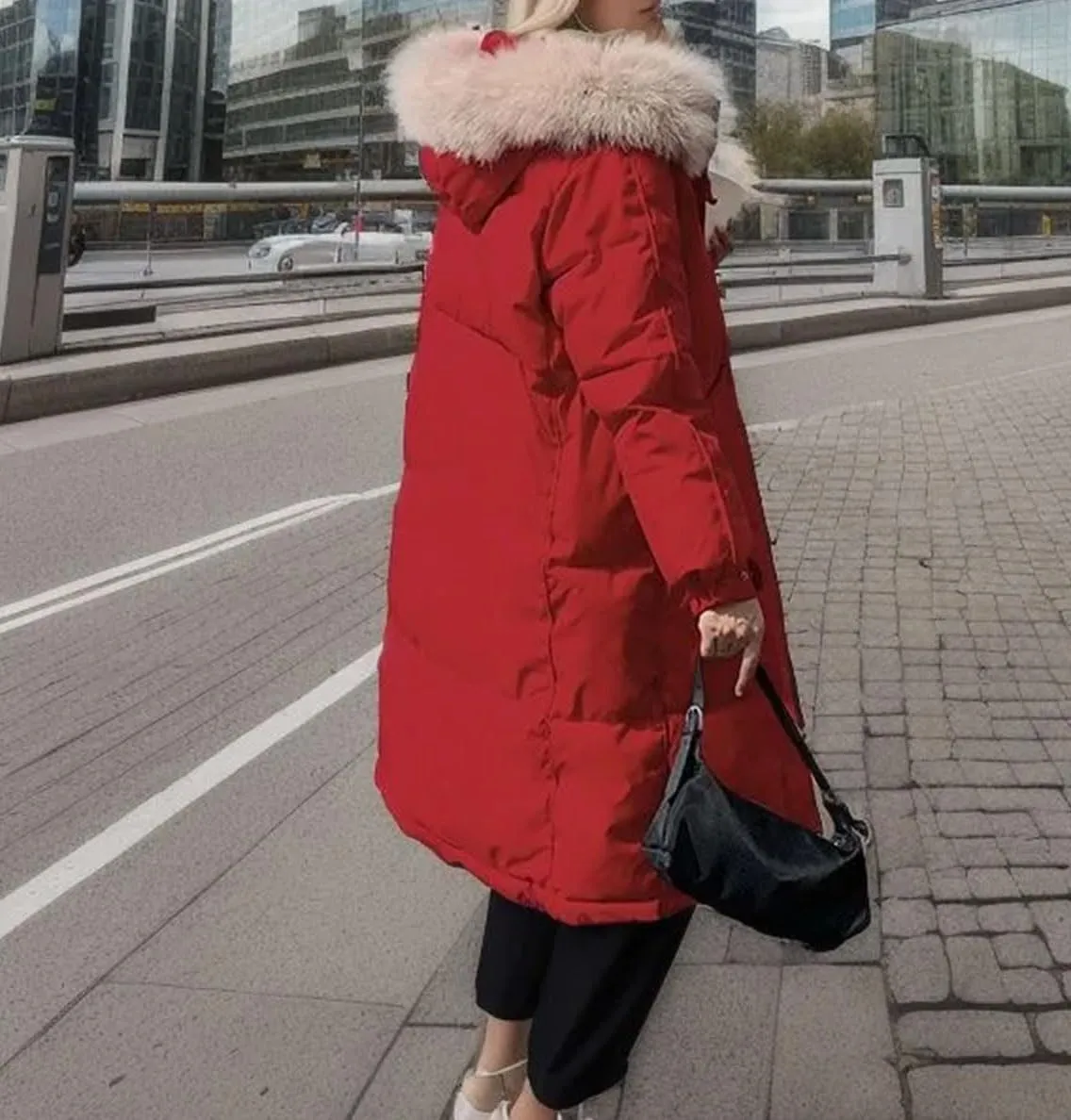 Women's Long Warm Zipper Parkas Coats Knee Length Plush Hooded Button Cotton-Padded Jacket