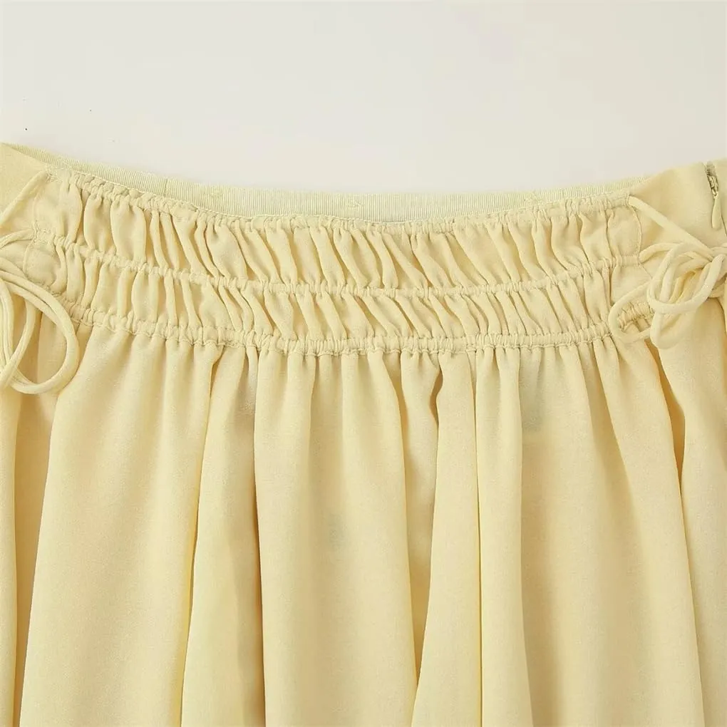 Women's Pleated Lace-Up High Waist A-Line Side Zipper Midi Skirt