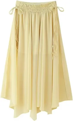 Women's Pleated Lace-Up High Waist A-Line Side Zipper Midi Skirt
