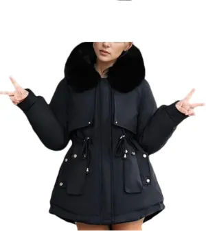 Women's Plush Hooded Collar Cotton-Padded Jacket Casual Drawstring Waist Parka Coat
