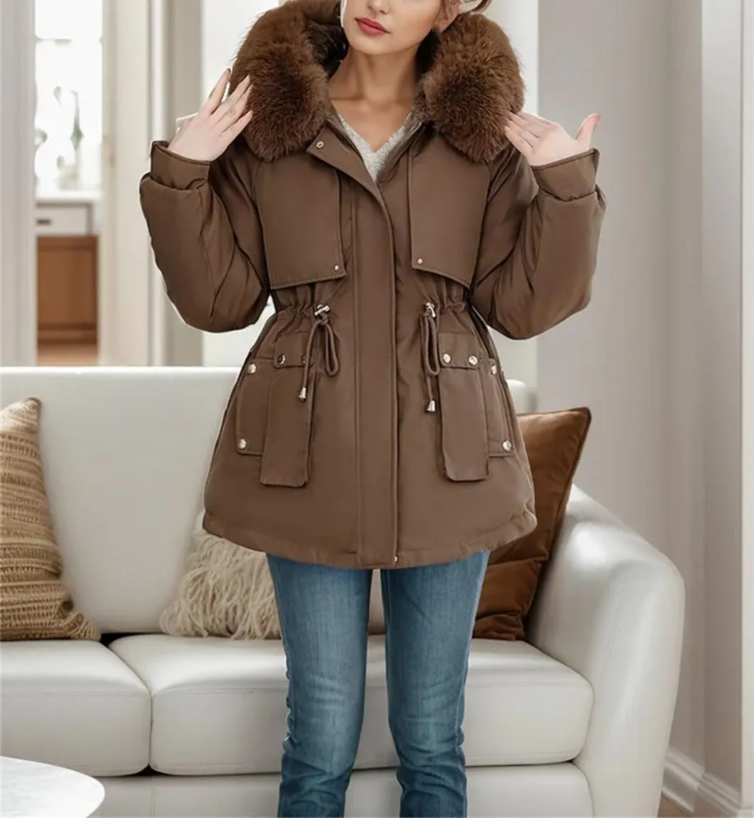Women's Plush Hooded Collar Cotton-Padded Jacket Casual Drawstring Waist Parka Coat