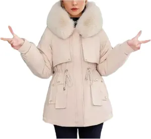 Women's Plush Hooded Collar Cotton-Padded Jacket Casual Drawstring Waist Parka Coat