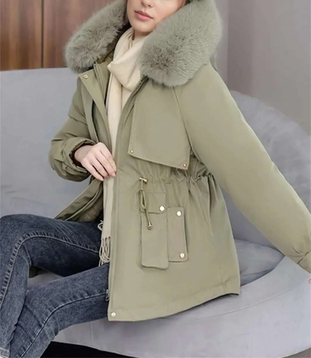 Women's Plush Hooded Collar Cotton-Padded Jacket Casual Drawstring Waist Parka Coat
