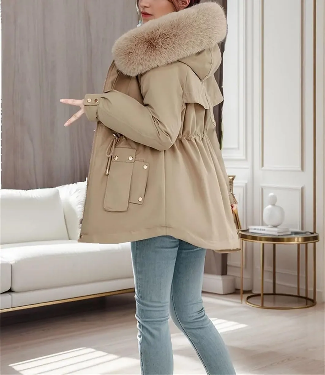 Women's Plush Hooded Collar Cotton-Padded Jacket Casual Drawstring Waist Parka Coat