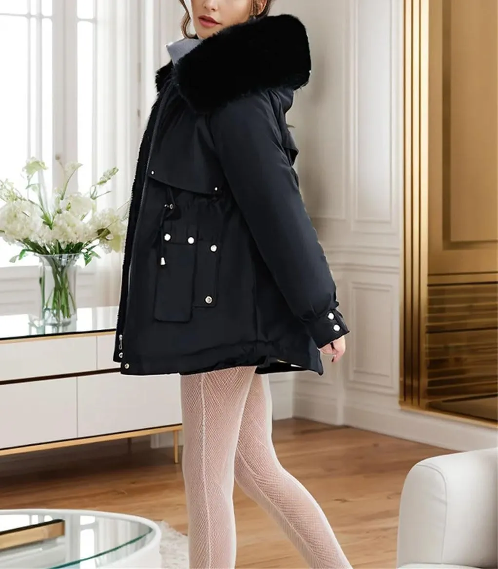 Women's Plush Hooded Collar Cotton-Padded Jacket Casual Drawstring Waist Parka Coat