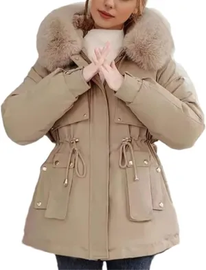 Women's Plush Hooded Collar Cotton-Padded Jacket Casual Drawstring Waist Parka Coat