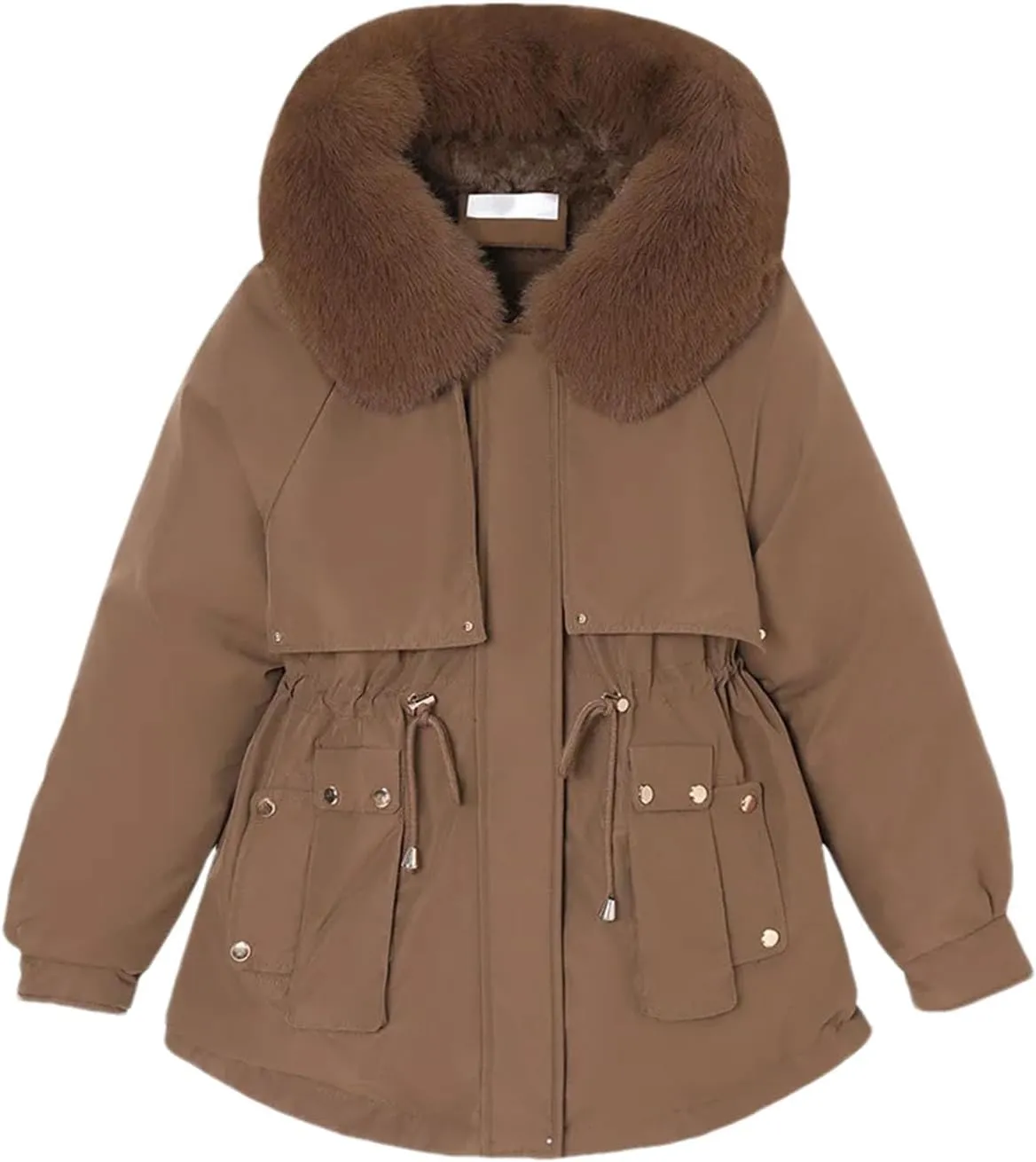 Women's Plush Hooded Collar Cotton-Padded Jacket Casual Drawstring Waist Parka Coat