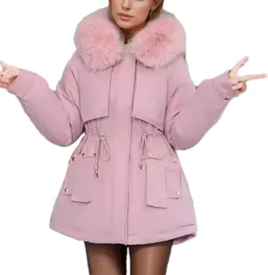 Women's Plush Hooded Collar Cotton-Padded Jacket Casual Drawstring Waist Parka Coat