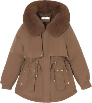 Women's Plush Hooded Collar Cotton-Padded Jacket Casual Drawstring Waist Parka Coat