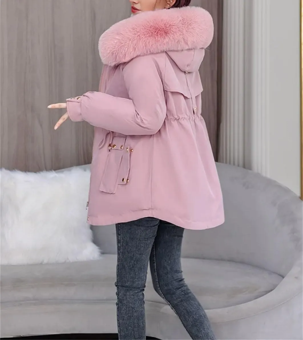 Women's Plush Hooded Collar Cotton-Padded Jacket Casual Drawstring Waist Parka Coat