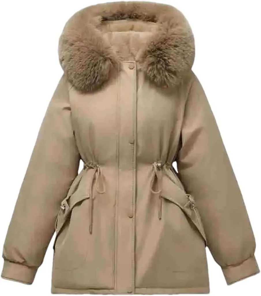 Women's Plush Hooded Solid Cotton-Padded Jacket Casual Warm Pocket Drawstring Waist Parka Coat