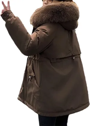 Women's Plush Hooded Solid Cotton-Padded Jacket Casual Warm Pocket Drawstring Waist Parka Coat