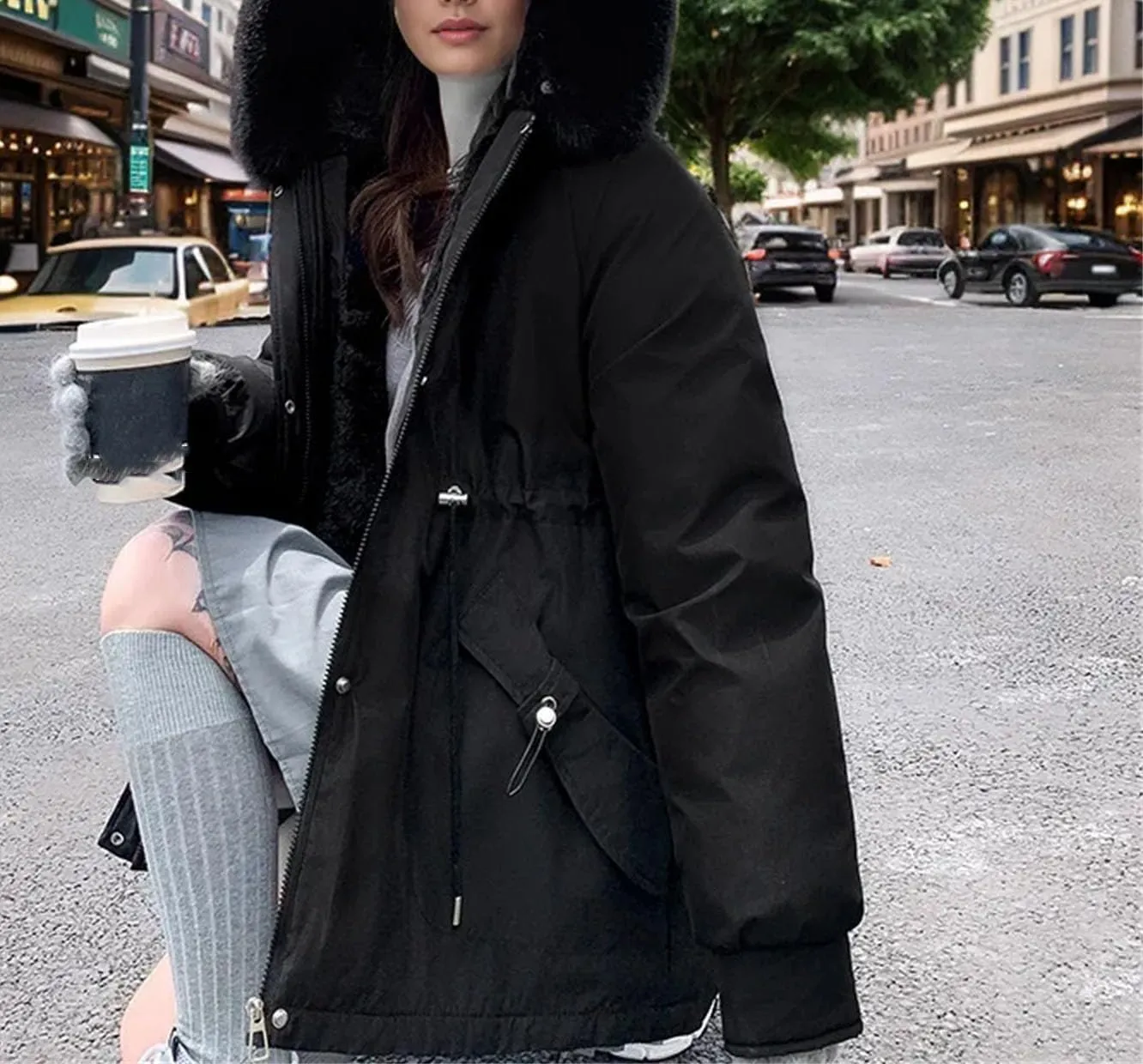 Women's Plush Hooded Solid Cotton-Padded Jacket Casual Warm Pocket Drawstring Waist Parka Coat
