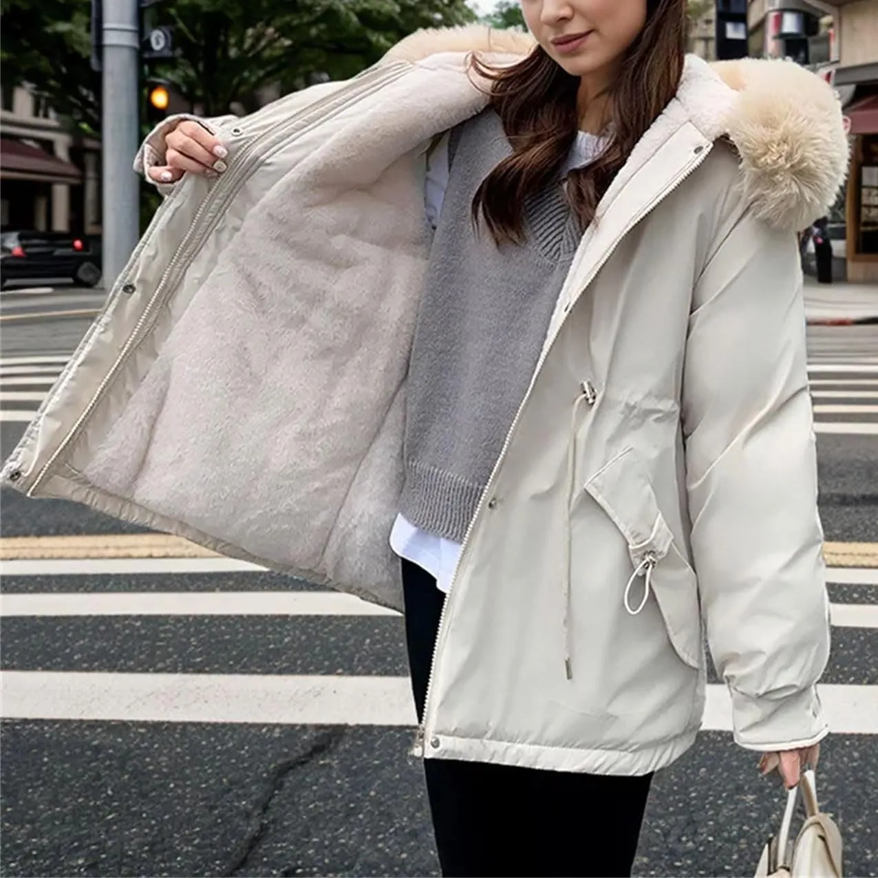 Women's Plush Hooded Solid Cotton-Padded Jacket Casual Warm Pocket Drawstring Waist Parka Coat