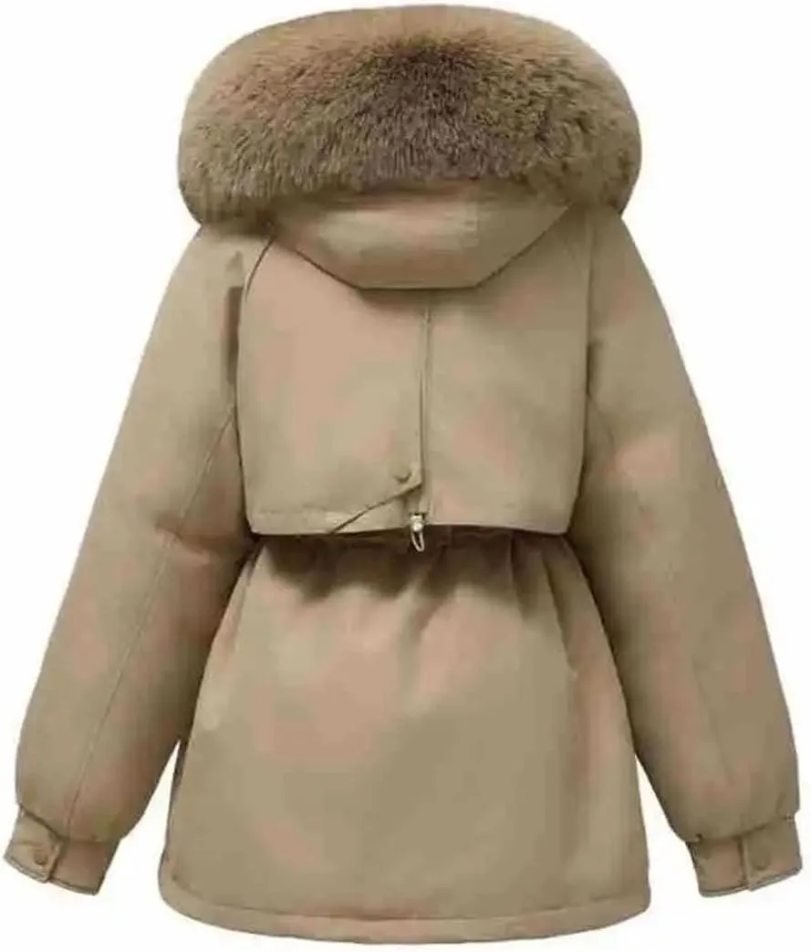 Women's Plush Hooded Solid Cotton-Padded Jacket Casual Warm Pocket Drawstring Waist Parka Coat