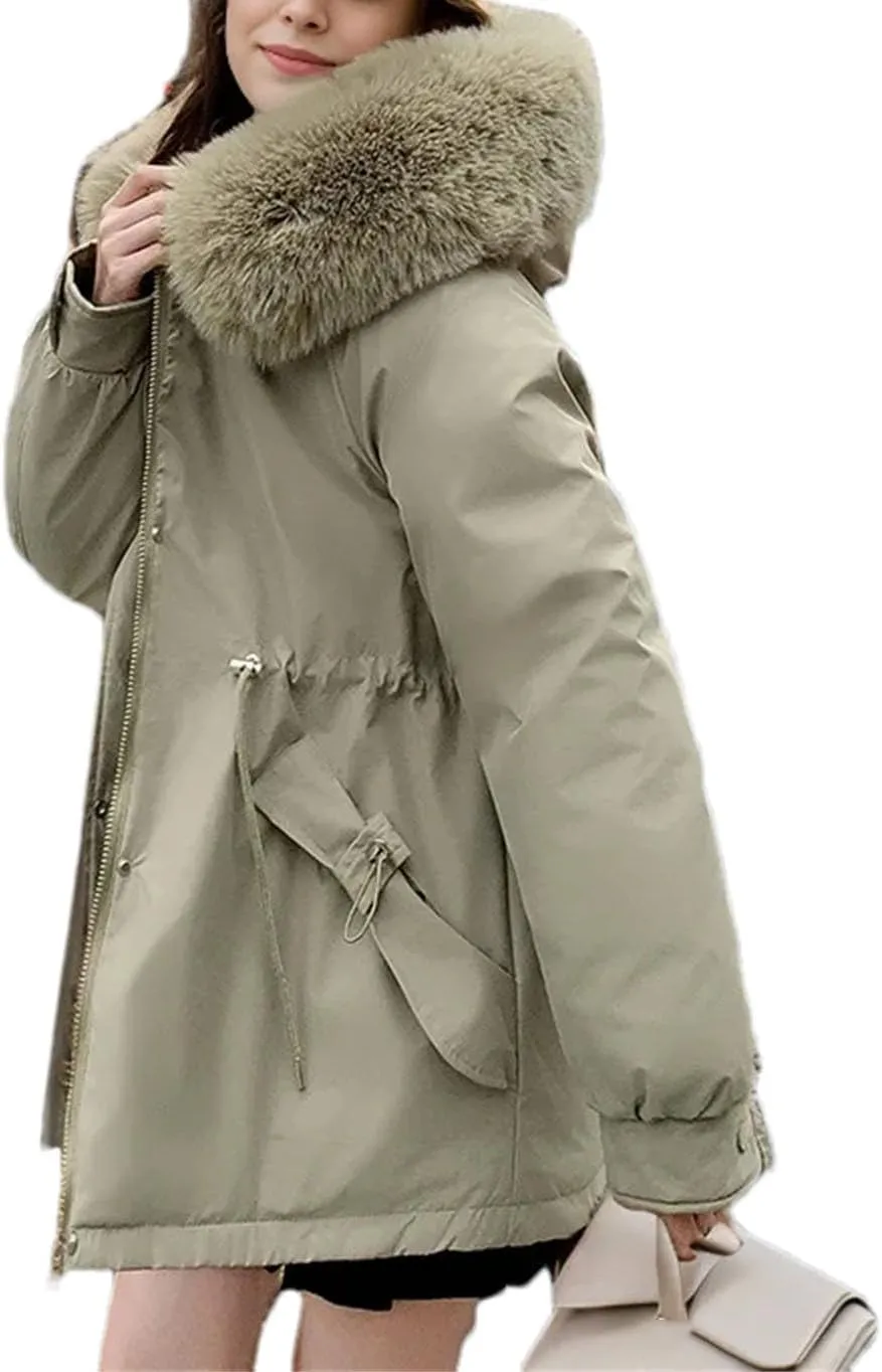 Women's Plush Hooded Solid Cotton-Padded Jacket Casual Warm Pocket Drawstring Waist Parka Coat