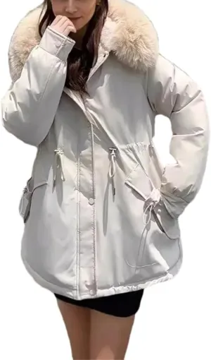 Women's Plush Hooded Solid Cotton-Padded Jacket Casual Warm Pocket Drawstring Waist Parka Coat