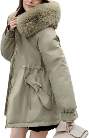 Women's Plush Hooded Solid Cotton-Padded Jacket Casual Warm Pocket Drawstring Waist Parka Coat