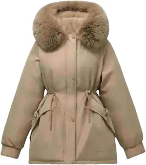 Women's Plush Hooded Solid Cotton-Padded Jacket Casual Warm Pocket Drawstring Waist Parka Coat