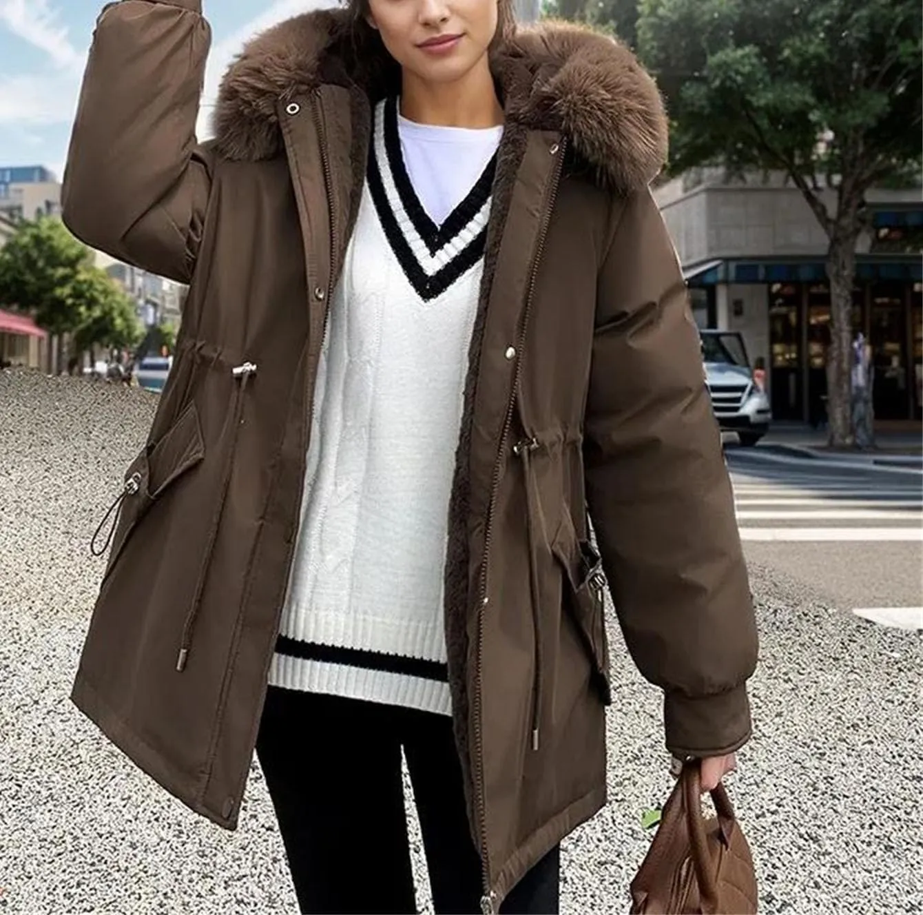 Women's Plush Hooded Solid Cotton-Padded Jacket Casual Warm Pocket Drawstring Waist Parka Coat