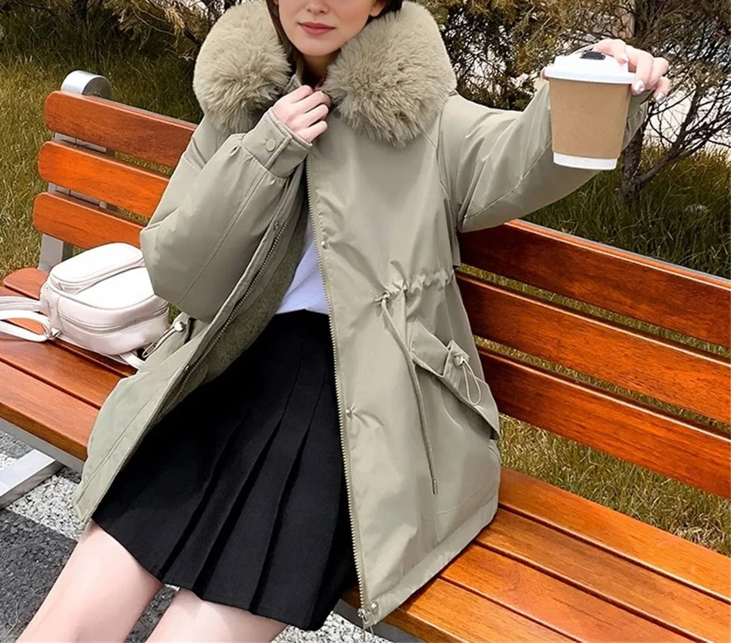 Women's Plush Hooded Solid Cotton-Padded Jacket Casual Warm Pocket Drawstring Waist Parka Coat