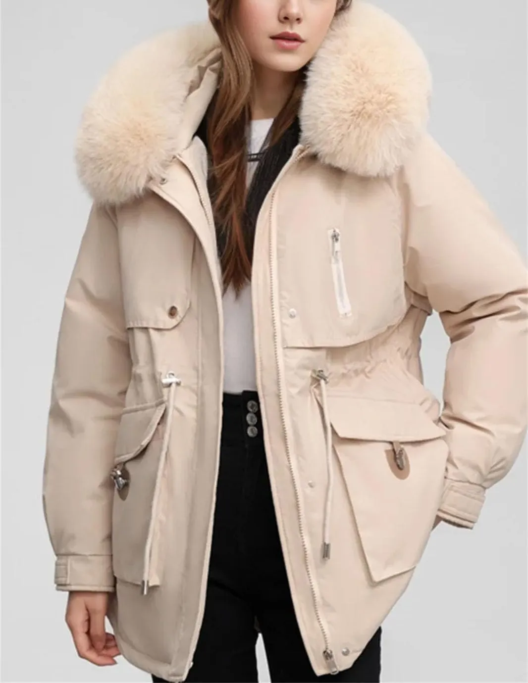 Women's Plush Hooded Zipper Cotton-Padded Jacket Casual Warm Waist Drawstring Parka Coat