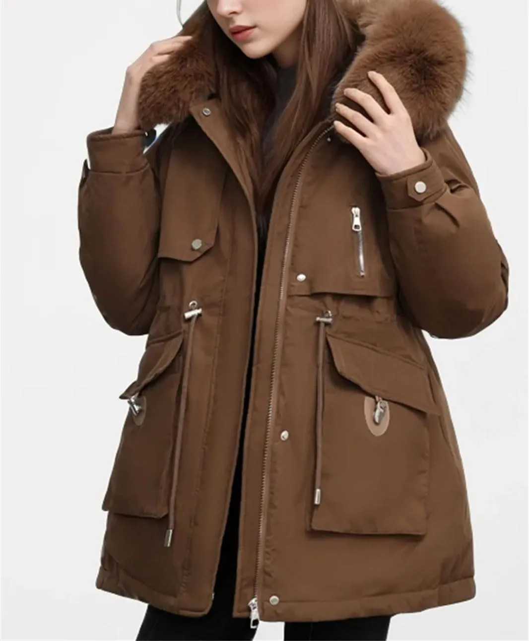 Women's Plush Hooded Zipper Cotton-Padded Jacket Casual Warm Waist Drawstring Parka Coat