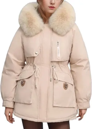 Women's Plush Hooded Zipper Cotton-Padded Jacket Casual Warm Waist Drawstring Parka Coat